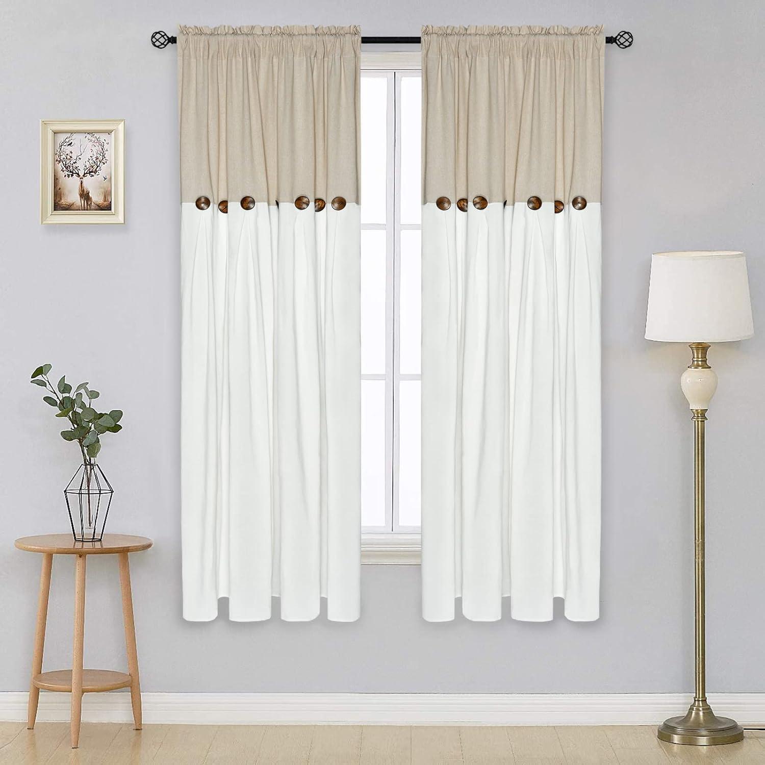 imageASPMIZ Farmhouse Cotton Blend Curtains Rustic Country Color Block Curtain Panels Boho Button Rod Pocket Window Drapes for Bedroom Living Room Decor Set of 2 Panels Linen Color 52 x 84 Inch LengthLinen Color