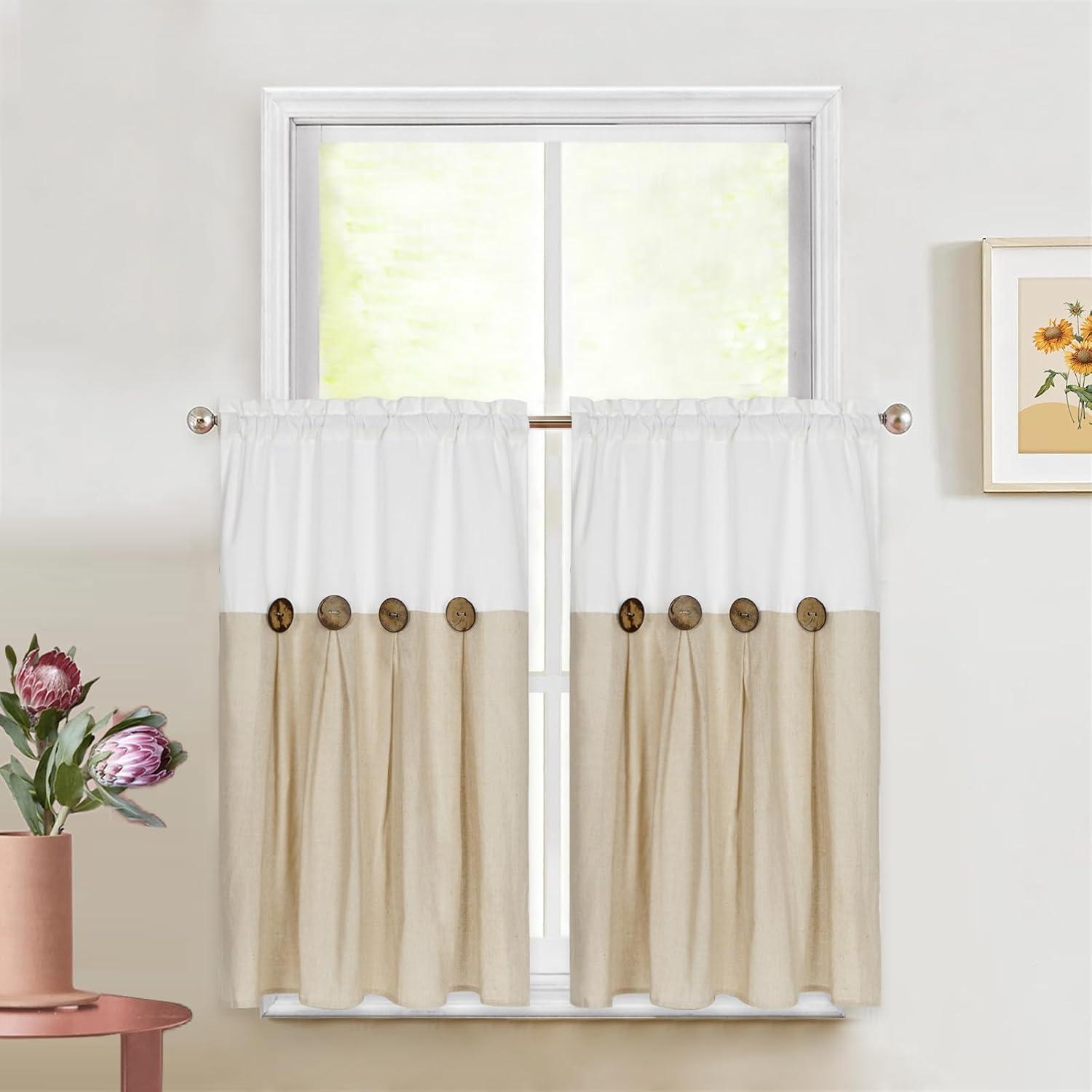 imageASPMIZ Farmhouse Cotton Blend Curtains Rustic Country Color Block Curtain Panels Boho Button Rod Pocket Window Drapes for Bedroom Living Room Decor Set of 2 Panels Linen Color 52 x 84 Inch LengthWhite and Linen Color