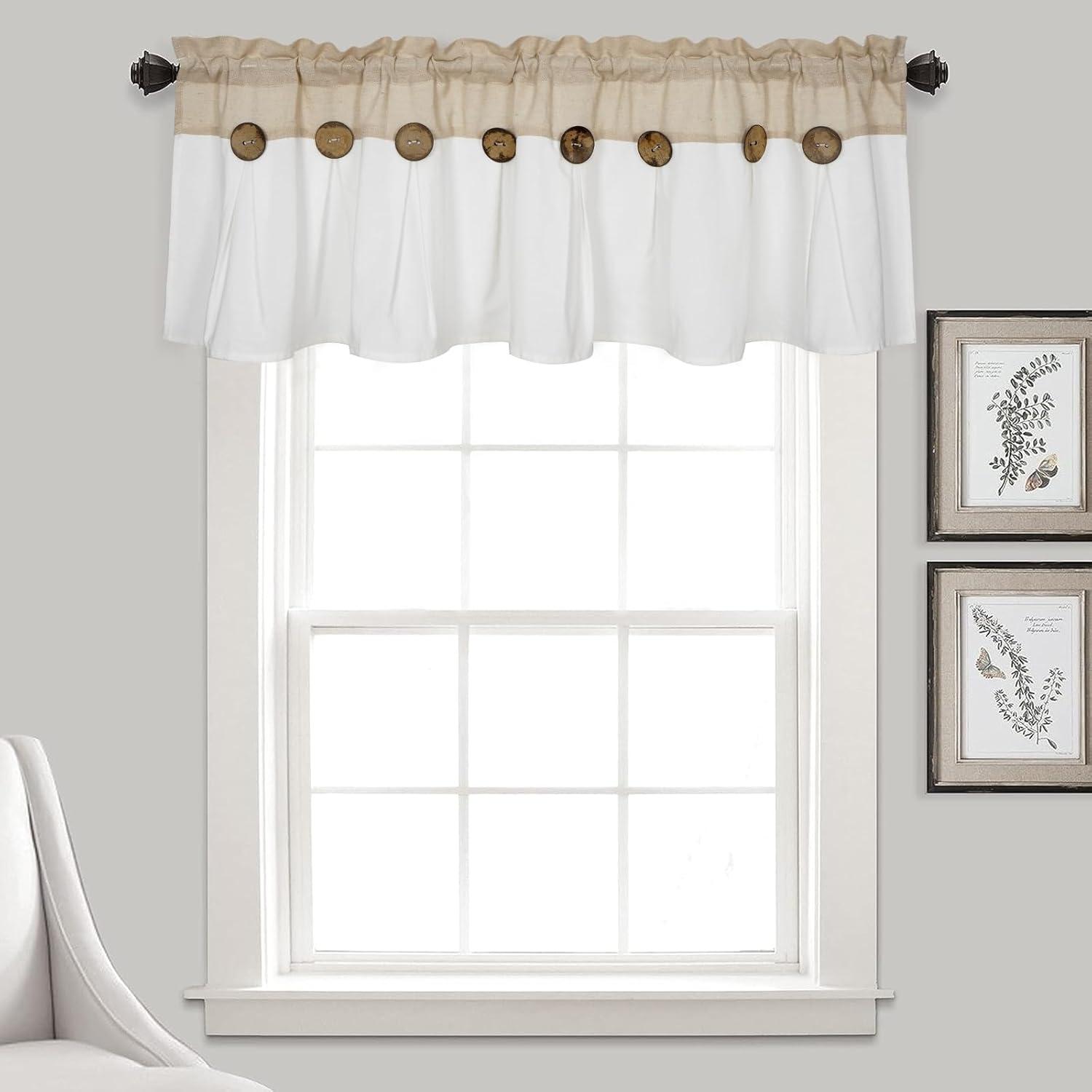 imageASPMIZ Farmhouse Cotton Blend Curtains Rustic Country Color Block Curtain Panels Boho Button Rod Pocket Window Drapes for Bedroom Living Room Decor Set of 2 Panels Linen Color 52 x 84 Inch LengthLinen Color