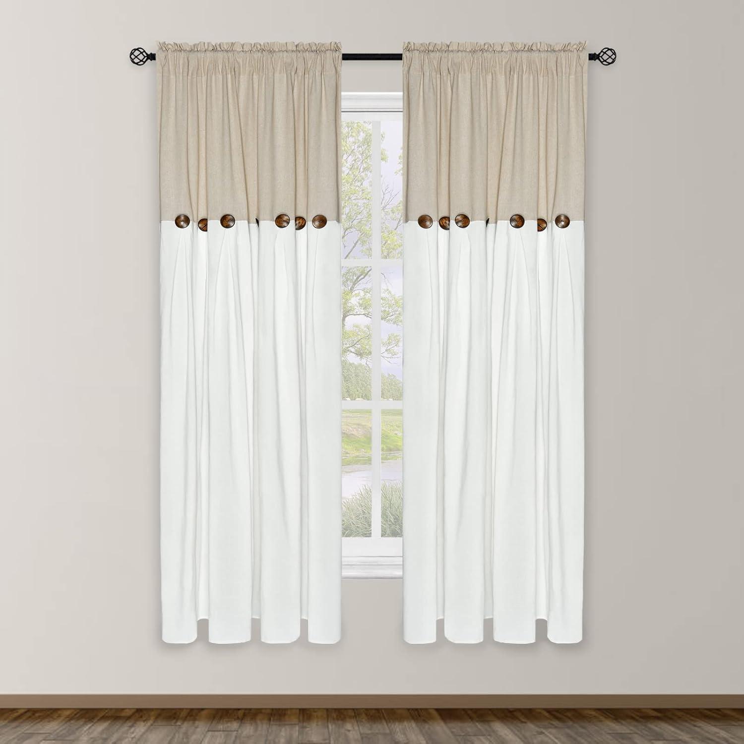 imageASPMIZ Farmhouse Cotton Blend Curtains Rustic Country Color Block Curtain Panels Boho Button Rod Pocket Window Drapes for Bedroom Living Room Decor Set of 2 Panels Linen Color 52 x 84 Inch LengthLinen Color