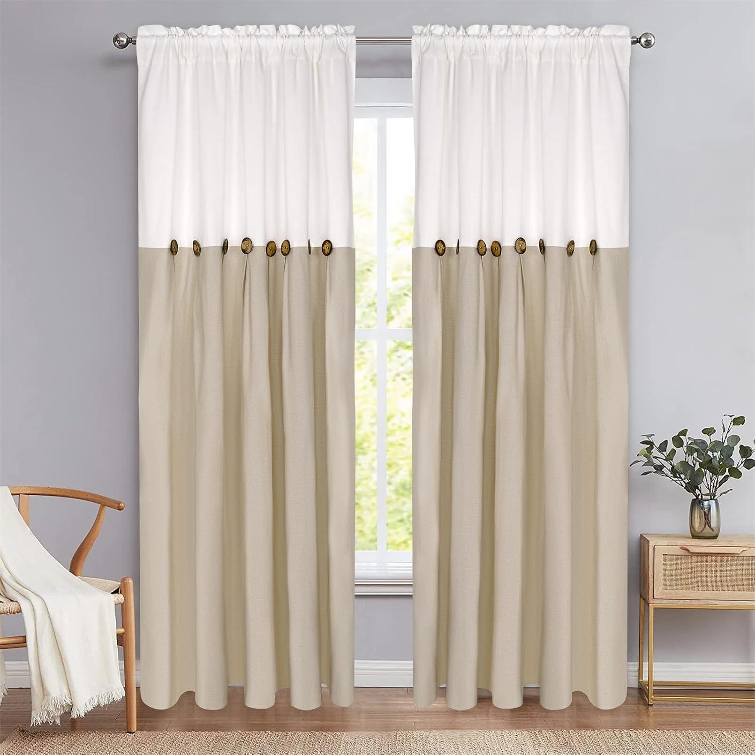 imageASPMIZ Farmhouse Cotton Blend Curtains Rustic Country Color Block Curtain Panels Boho Button Rod Pocket Window Drapes for Bedroom Living Room Decor Set of 2 Panels Linen Color 52 x 84 Inch LengthWhite and Linen Color