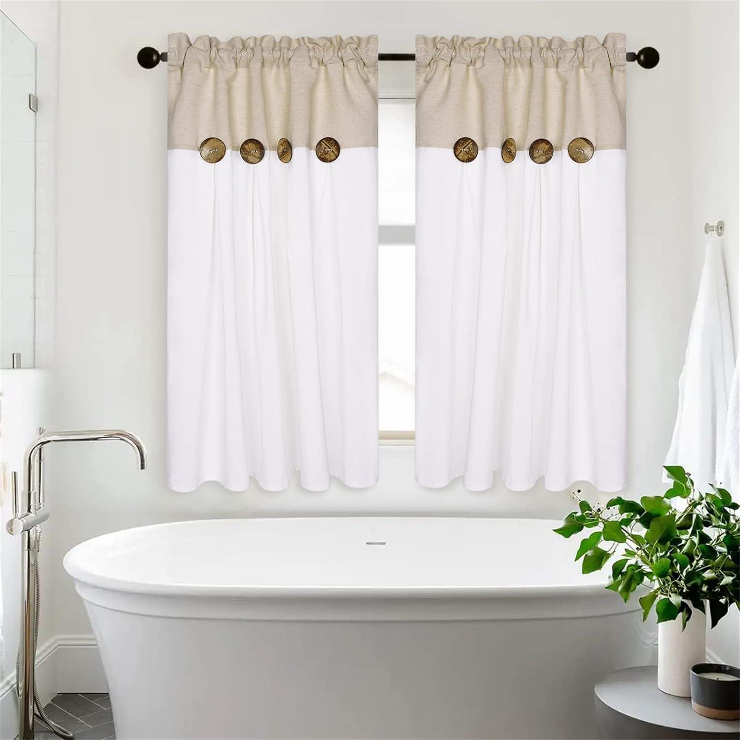 imageASPMIZ Farmhouse Cotton Blend Curtains Rustic Country Color Block Curtain Panels Boho Button Rod Pocket Window Drapes for Bedroom Living Room Decor Set of 2 Panels Linen Color 52 x 84 Inch LengthLinen Color