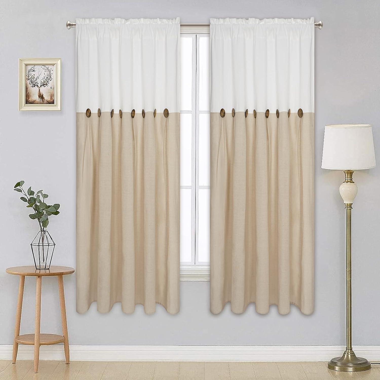 imageASPMIZ Farmhouse Cotton Blend Curtains Rustic Country Color Block Curtain Panels Boho Button Rod Pocket Window Drapes for Bedroom Living Room Decor Set of 2 Panels Linen Color 52 x 84 Inch LengthWhite and Linen Color