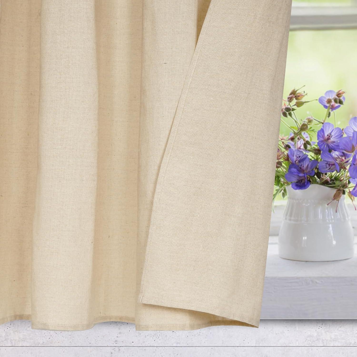 imageASPMIZ Farmhouse Cotton Blend Curtains Rustic Country Color Block Curtain Panels Boho Button Rod Pocket Window Drapes for Bedroom Living Room Decor Set of 2 Panels Linen Color 52 x 84 Inch LengthWhite and Linen Color