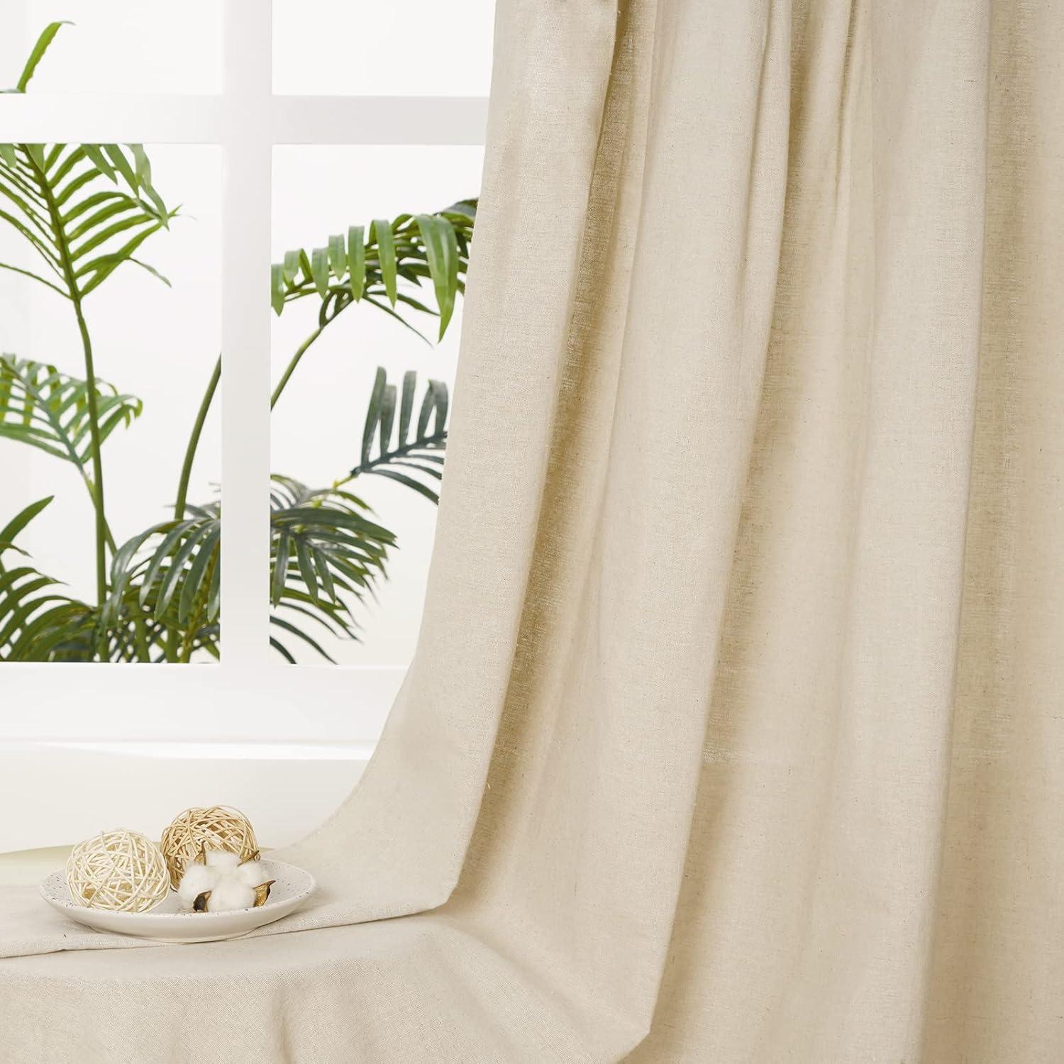 imageASPMIZ Farmhouse Cotton Blend Curtains Rustic Country Color Block Curtain Panels Boho Button Rod Pocket Window Drapes for Bedroom Living Room Decor Set of 2 Panels Linen Color 52 x 84 Inch LengthWhite and Linen Color