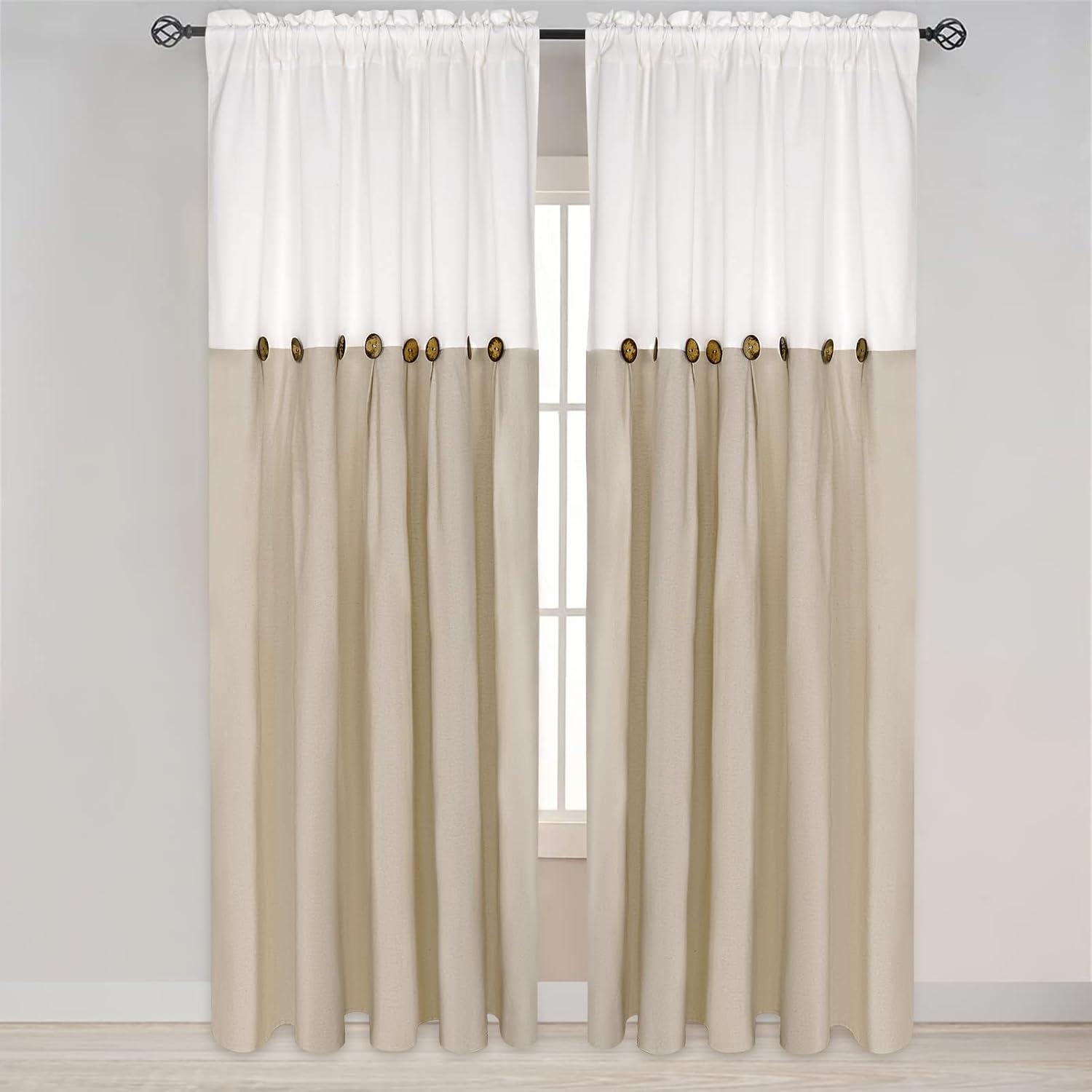 imageASPMIZ Farmhouse Cotton Blend Curtains Rustic Country Color Block Curtain Panels Boho Button Rod Pocket Window Drapes for Bedroom Living Room Decor Set of 2 Panels Linen Color 52 x 84 Inch LengthWhite and Linen Color