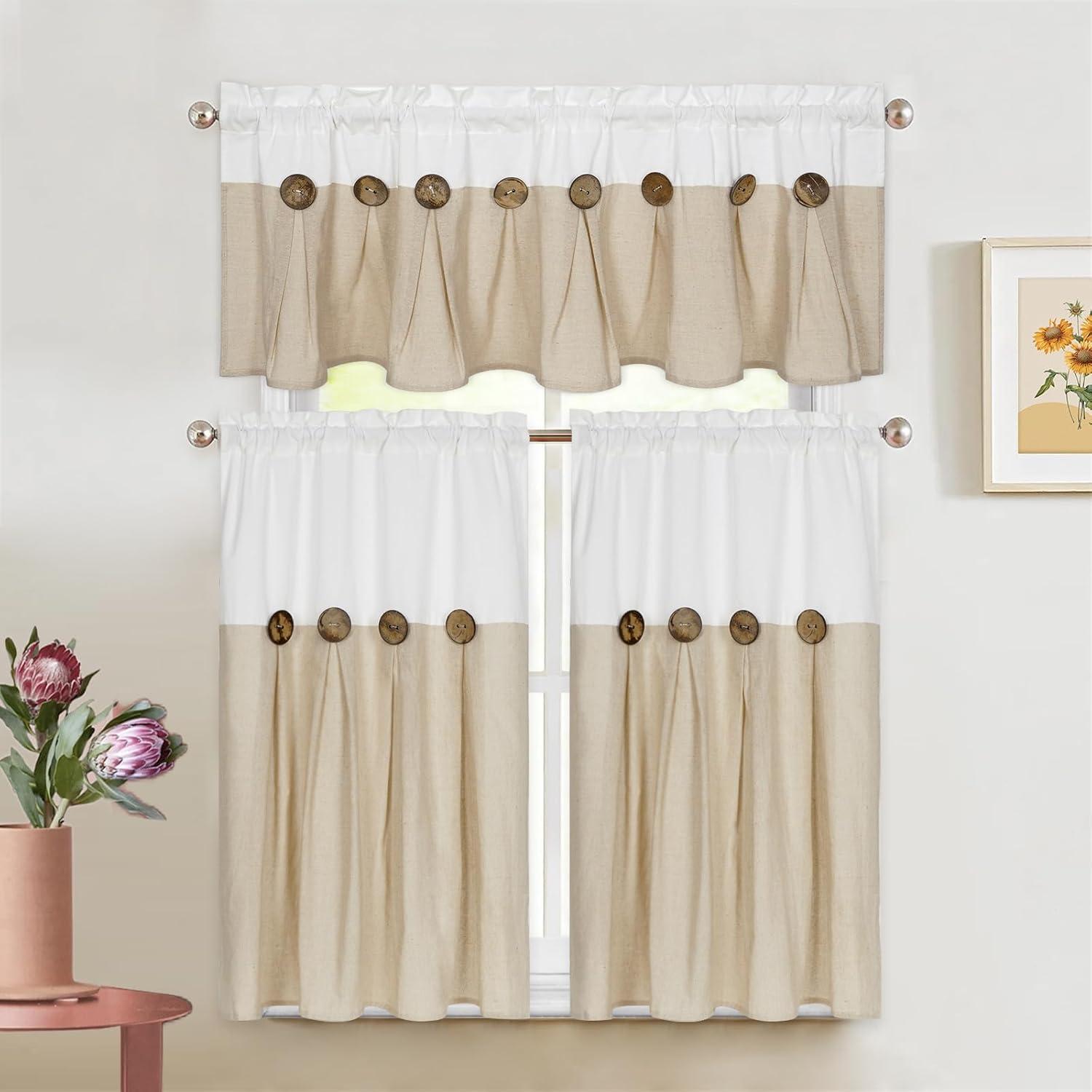 imageASPMIZ Farmhouse Cotton Blend Curtains Rustic Country Color Block Curtain Panels Boho Button Rod Pocket Window Drapes for Bedroom Living Room Decor Set of 2 Panels Linen Color 52 x 84 Inch LengthWhite and Linen Color