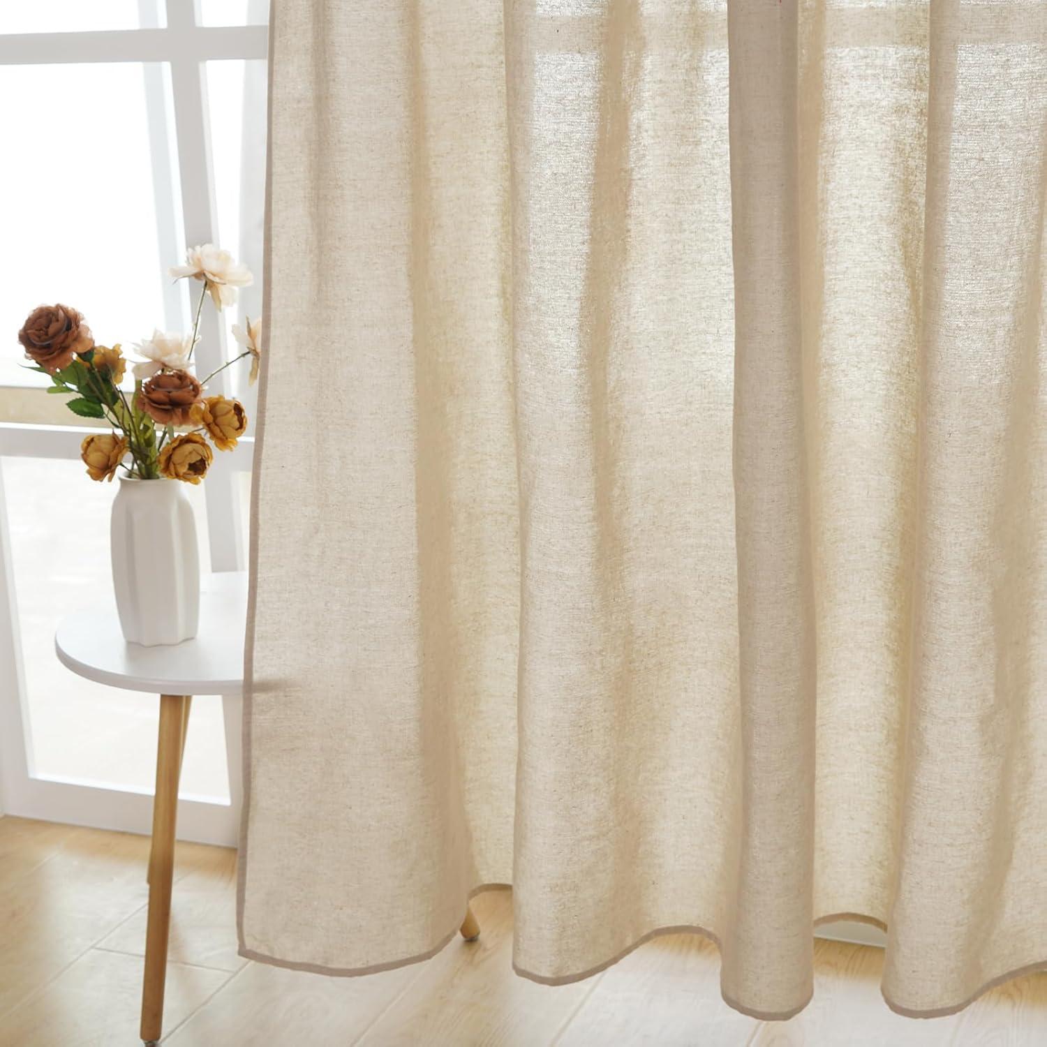 imageASPMIZ Farmhouse Cotton Blend Curtains Rustic Country Color Block Curtain Panels Boho Button Rod Pocket Window Drapes for Bedroom Living Room Decor Set of 2 Panels Linen Color 52 x 84 Inch LengthWhite and Linen Color