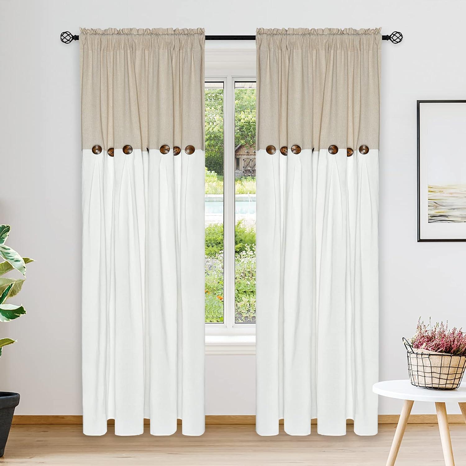 imageASPMIZ Farmhouse Cotton Blend Curtains Rustic Country Color Block Curtain Panels Boho Button Rod Pocket Window Drapes for Bedroom Living Room Decor Set of 2 Panels Linen Color 52 x 84 Inch LengthLinen Color