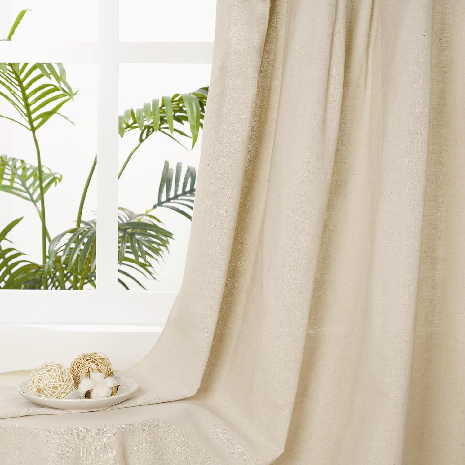 imageASPMIZ Farmhouse Cotton Blend Curtains Rustic Country Color Block Curtain Panels Boho Button Rod Pocket Window Drapes for Bedroom Living Room Decor Set of 2 Panels Linen Color 52 x 84 Inch LengthWhite and Linen Color