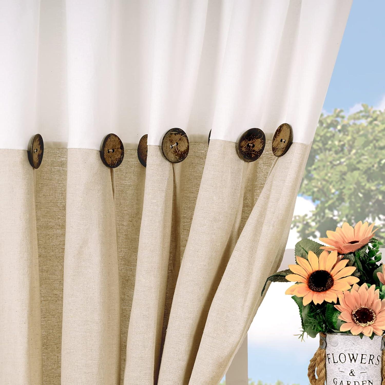 imageASPMIZ Farmhouse Cotton Blend Curtains Rustic Country Color Block Curtain Panels Boho Button Rod Pocket Window Drapes for Bedroom Living Room Decor Set of 2 Panels Linen Color 52 x 84 Inch LengthWhite and Linen Color