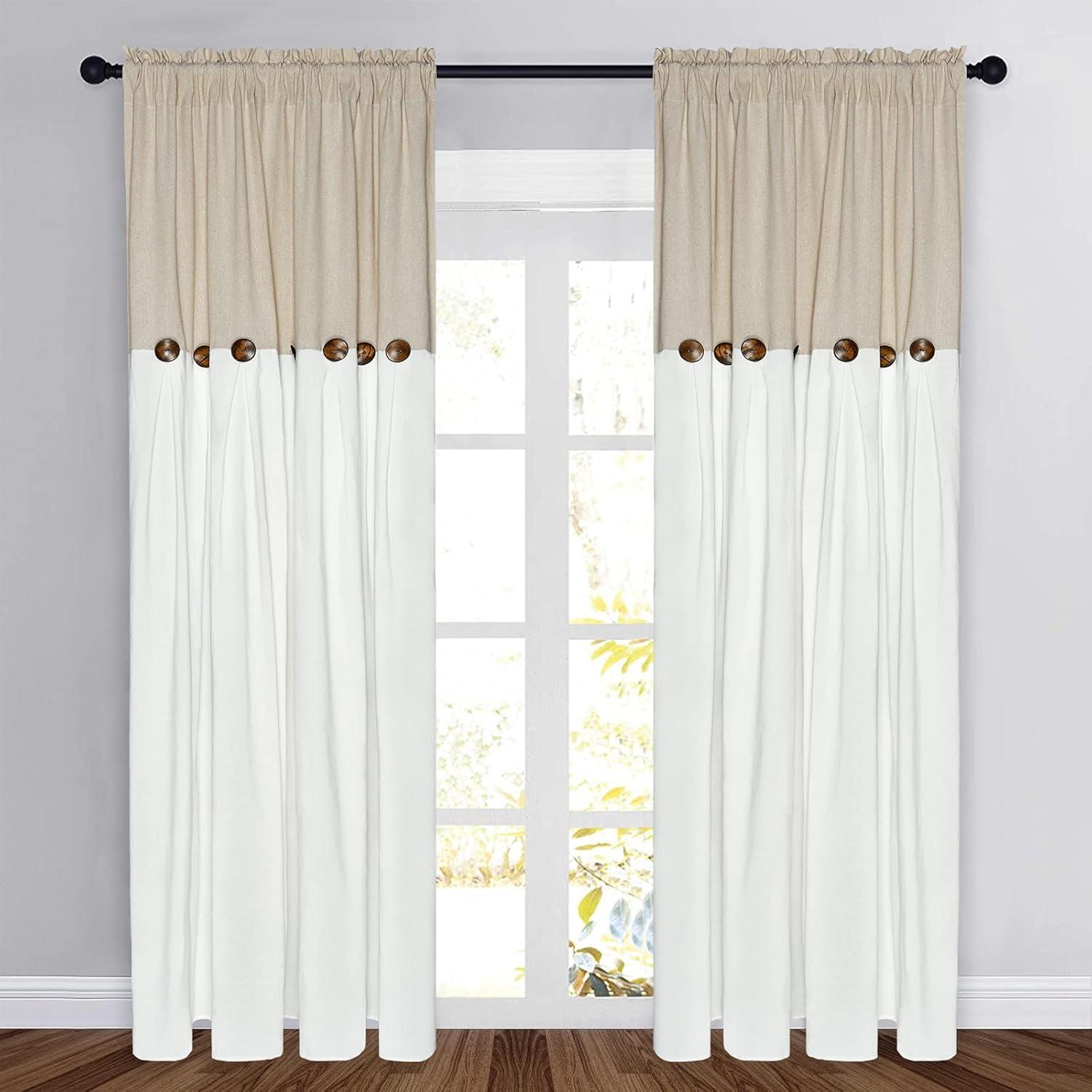imageASPMIZ Farmhouse Cotton Blend Curtains Rustic Country Color Block Curtain Panels Boho Button Rod Pocket Window Drapes for Bedroom Living Room Decor Set of 2 Panels Linen Color 52 x 84 Inch LengthLinen Color