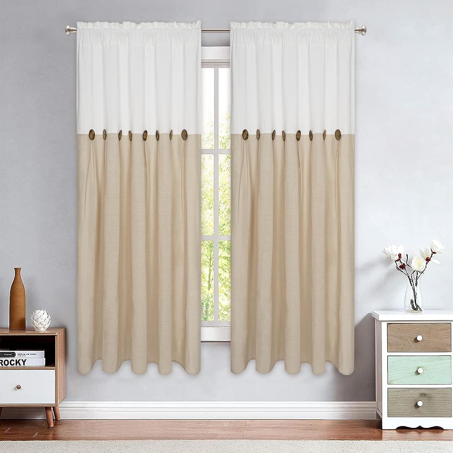 imageASPMIZ Farmhouse Cotton Blend Curtains Rustic Country Color Block Curtain Panels Boho Button Rod Pocket Window Drapes for Bedroom Living Room Decor Set of 2 Panels Linen Color 52 x 84 Inch LengthWhite and Linen Color