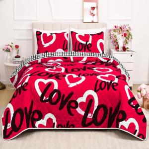 imageASPMIZ 3 Pieces Valentines Day Quilt King Size Valentines Day Quilt Sets with 2 Pillow Shams Reversible Love Heart King Quilt Bedding Set Soft Lightweight Red Bedspread Coverlet 106quotx96quot