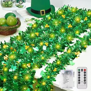 imageASPMIZ 33 FT St Patricks Day Garland with 100 LED Lights Shamrock Garland with 8 Lighting Modes Waterproof Battery Powered Shiny Tinsel Clover Garland St Patricks Day Decorations for Home