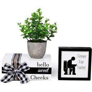 imageASPMIZ Bathroom Shelf Decor Signs Decorative Books for Home Decors Fake Plants Toilet Timer Wooden Farmhosue Bathroom Decor Funny Rustic Decorations for Restroom Shelf Hello Sweet CheeksHello Sweet Cheeks