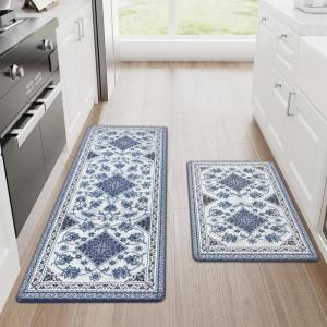imageASPMIZ Blue Boho Kitchen Mats for Floor 2 Piece Cushioned AntiFatigue Kitchen Rugs Memory Foam Kitchen Rugs and Mats Non Skid Waterproof Blue Retro Floor Comfort Mat 18 x 48  18 x 30