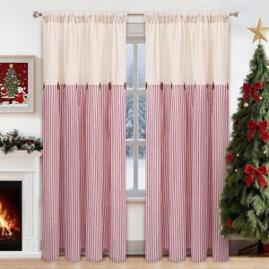 imageASPMIZ Cotton Linen Farmhouse Curtains Boho Rustic Button Curtain Linen Window Curtain Panels Green Stripe Country Curtains for Living Room Bedroom Back Tab Window Drapes 52 x 84 Inch 2 PanelsBeigered