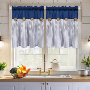 imageASPMIZ Cotton Linen Farmhouse Curtains Boho Rustic Button Curtain Linen Window Curtain Panels Green Stripe Country Curtains for Living Room Bedroom Back Tab Window Drapes 52 x 84 Inch 2 PanelsBlueblue