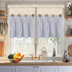 imageASPMIZ Cotton Linen Farmhouse Curtains Boho Rustic Button Curtain Linen Window Curtain Panels Green Stripe Country Curtains for Living Room Bedroom Back Tab Window Drapes 52 x 84 Inch 2 PanelsBeigeblue