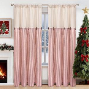 imageASPMIZ Cotton Linen Farmhouse Curtains Boho Rustic Button Curtain Linen Window Curtain Panels Green Stripe Country Curtains for Living Room Bedroom Back Tab Window Drapes 52 x 84 Inch 2 PanelsBeigeorange