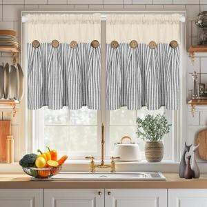 imageASPMIZ Cotton Linen Farmhouse Curtains Boho Rustic Button Curtain Linen Window Curtain Panels Green Stripe Country Curtains for Living Room Bedroom Back Tab Window Drapes 52 x 84 Inch 2 PanelsBeigegrey