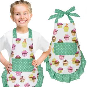 imageASPMIZ Cupcake Kids Apron Green Baking Bib Apron for 26 Years Child Girls Chef Apron with Pockets for Gardening Painting Adjustable Kitchen Apron for Little Helper Girls Daughters Toddlers Gift