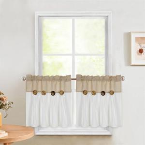 imageASPMIZ Farmhouse Cotton Blend Curtains Rustic Country Color Block Curtain Panels Boho Button Rod Pocket Window Drapes for Bedroom Living Room Decor Set of 2 Panels Linen Color 52 x 84 Inch LengthLinen Color