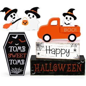 imageASPMIZ Halloween Decorations Indoor Ghost Decor Truck Decorations with Coffin Wooden Block Signs Halloween Decor for Tiered Tray Mantle Desk Bookshelf Farmhouse Rustic Wooden Decors GiftHalloween