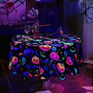 imageASPMIZ Halloween Round Tablecloth 60 Inch Waterproof Blacklight Spooky Pumpkin Table Cloths Wrinkle Resistant Washable Polyester UV Reactive Table Cloth Round Cover for Spooky Halloween Decorations