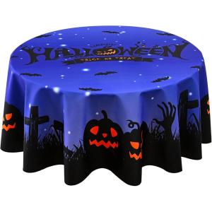 imageASPMIZ Halloween Round Tablecloth 60 Inch Waterproof Stainproof Spillproof Table Cloths Wrinkle Resistant Washable Polyester Creepy Pumpkin Table Cloth Round Cover for Halloween Party Decorations60 Round