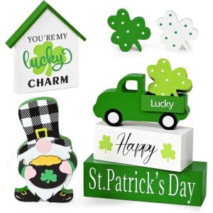 imageASPMIZ St Patricks Day Decorations Green Truck Shamrock Decorations with Gnome Wooden Block Sign St Patricks Day Decor for Tiered Tray Mantle Desk Bookshelf Farmhouse Rustic Wooden Decor Gift