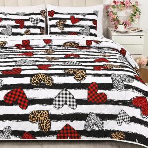 imageASPMIZ Valentines Day Quilt King Size Black White Stripe Love Heart Bedspread Coverlet Set Soft Microfiber Reversible Quilts Bedding Set for Valentine Decors 1 Quilt 96quot x 106quot2 Pillowcases