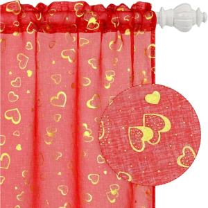 imageASPMIZ Valentines Day Sheer Curtains 84 Inch Length Gold Heart Foil Print Curtains Red Valentines Day Curtains for Living Room Love Hearts Rod Pocket Window Curtains 52quot W x 84quot L