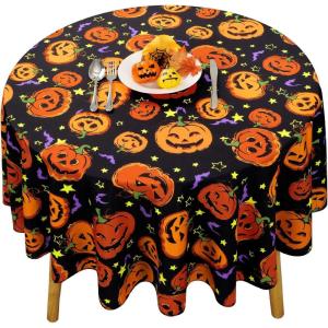 imageHalloween Tablecloth Pumpkin and Bat Table Cloth Orange and Black Star Scary Themed Tablecloths Waterproof Spillproof Tablecover for Dinner Party Decoration Square 55 x 55 Inch140 Round