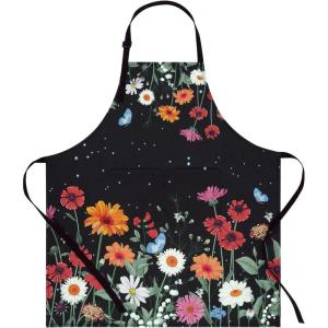 imageASPMIZ Floral Apron for Adults Waterproof Women Apron with 2 Pockets Flower Cooking Aprons with Adjustable Neck Strap Kitchen Apron for Washing Dishes Gifts BBQ Grill 275 x 315 Inches Black