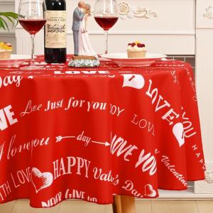 imageASPMIZ Valentines Tablecloth Round 60 Inch Sweet Love Table Cloth Washable Waterproof Wrinkle Resistant Polyester Romantic Red Table Cover for Valentines Wedding Dinner Party Decoration