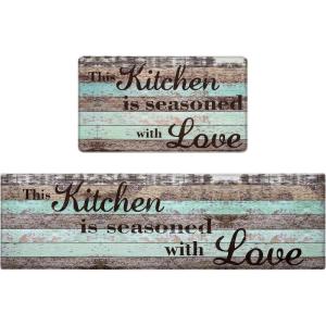 imageFarmhouse Kitchen Rugs Sets of 2 Personalized Kitchen Mats Cushioned Anti Fatigue Wooden Kitchen Rugs Non Slip Washable Teal Kitchen Floor Mats for in Front of Sink 17 x 47  17 x 3060 x 18  30 x 18