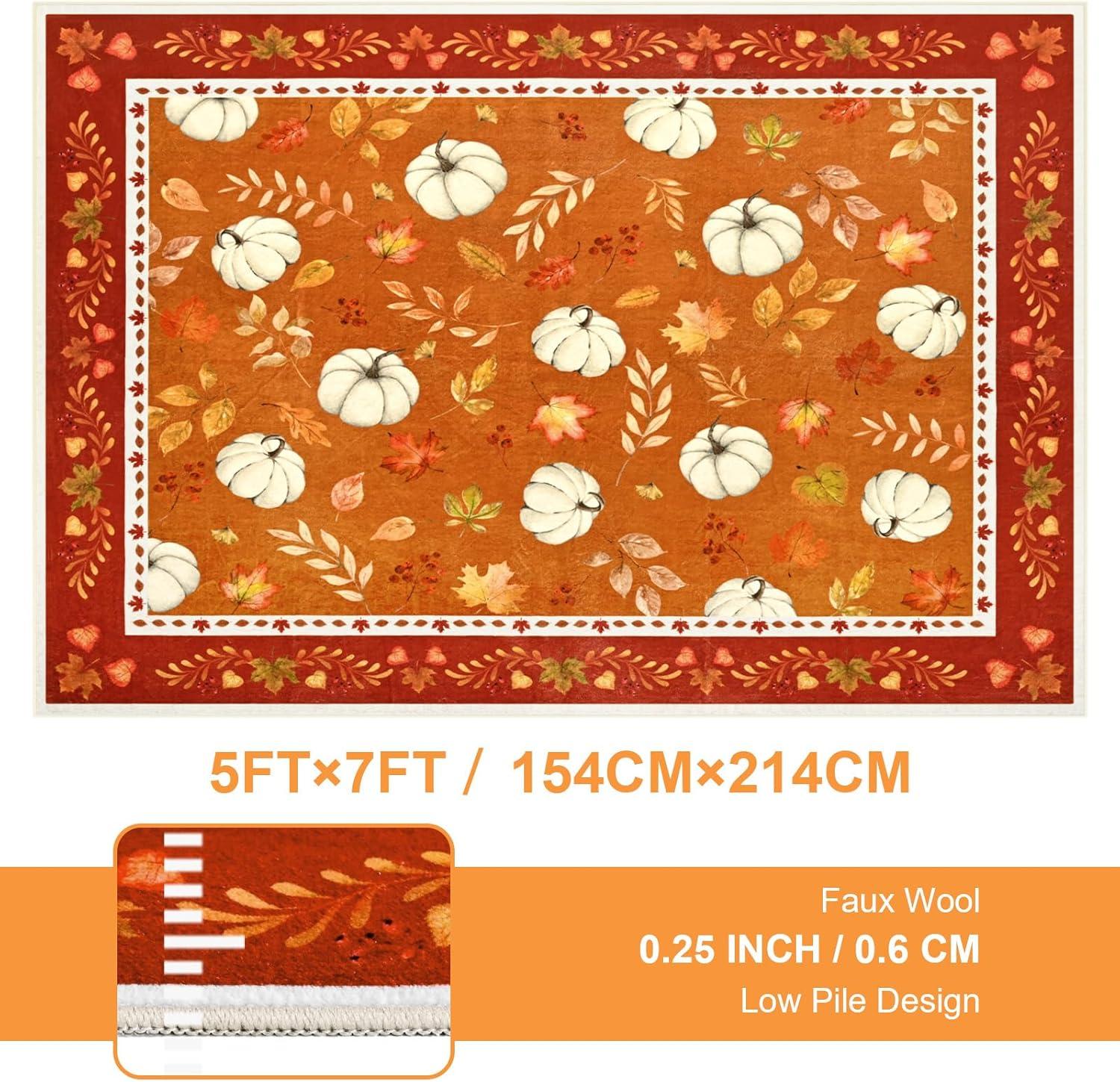 imageASPMIZ Fall Area Rug 5x7 Thanksgiving Rug Washable Non Slip Soft Faux Wool Vintage Autumn Pumpkin Maple Leaves Living Room Rugs Low Pile Fall Decorations for Home Bedroom Dining RoomVintage Pumpkins Leaves