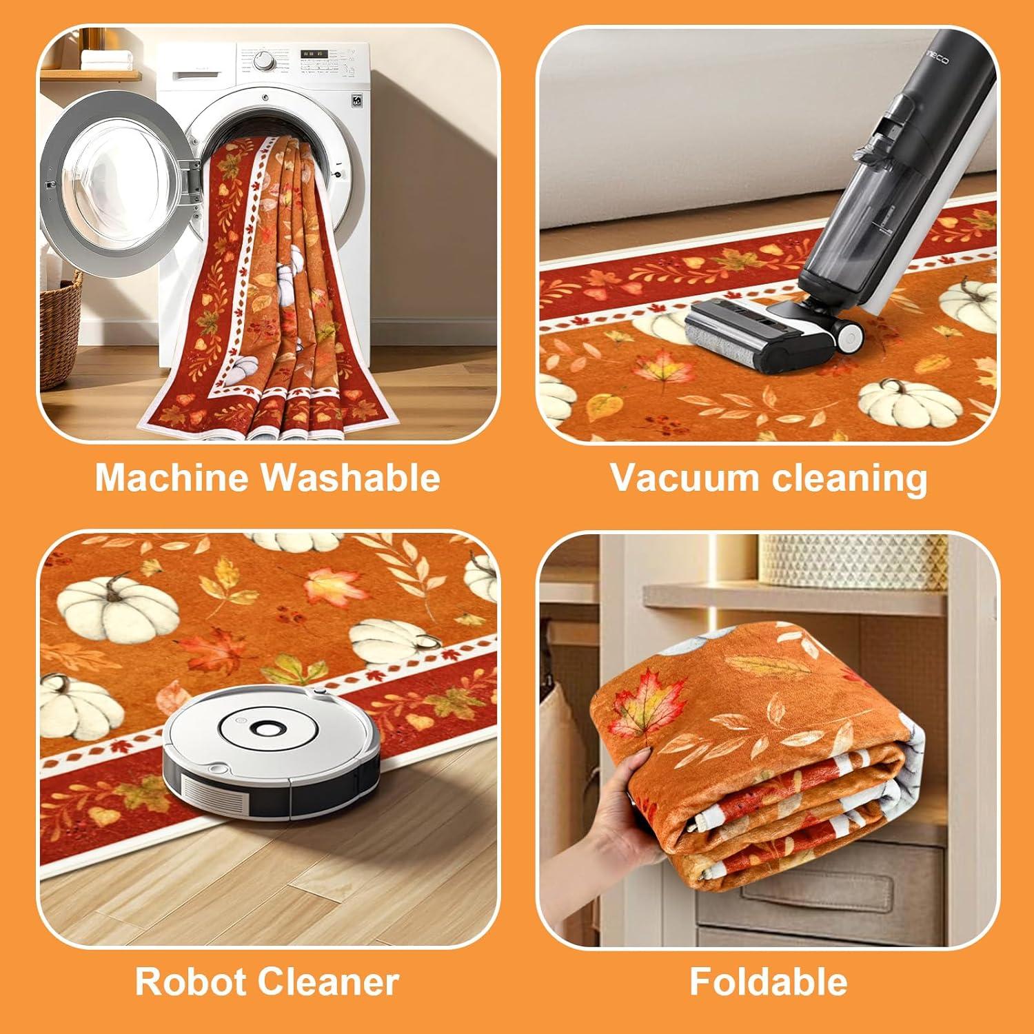 imageASPMIZ Fall Area Rug 5x7 Thanksgiving Rug Washable Non Slip Soft Faux Wool Vintage Autumn Pumpkin Maple Leaves Living Room Rugs Low Pile Fall Decorations for Home Bedroom Dining RoomVintage Pumpkins Leaves