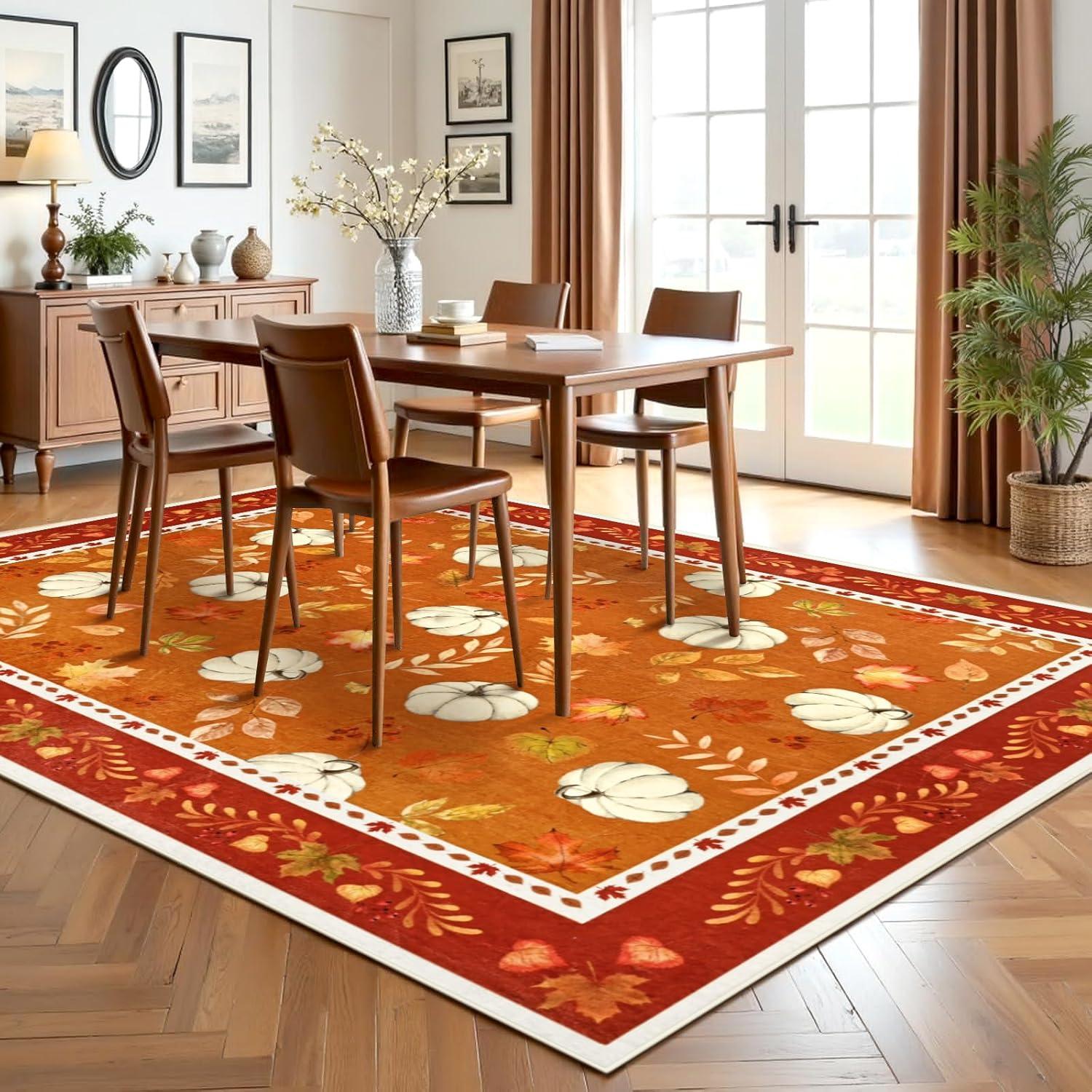 imageASPMIZ Fall Area Rug 5x7 Thanksgiving Rug Washable Non Slip Soft Faux Wool Vintage Autumn Pumpkin Maple Leaves Living Room Rugs Low Pile Fall Decorations for Home Bedroom Dining RoomVintage Pumpkins Leaves