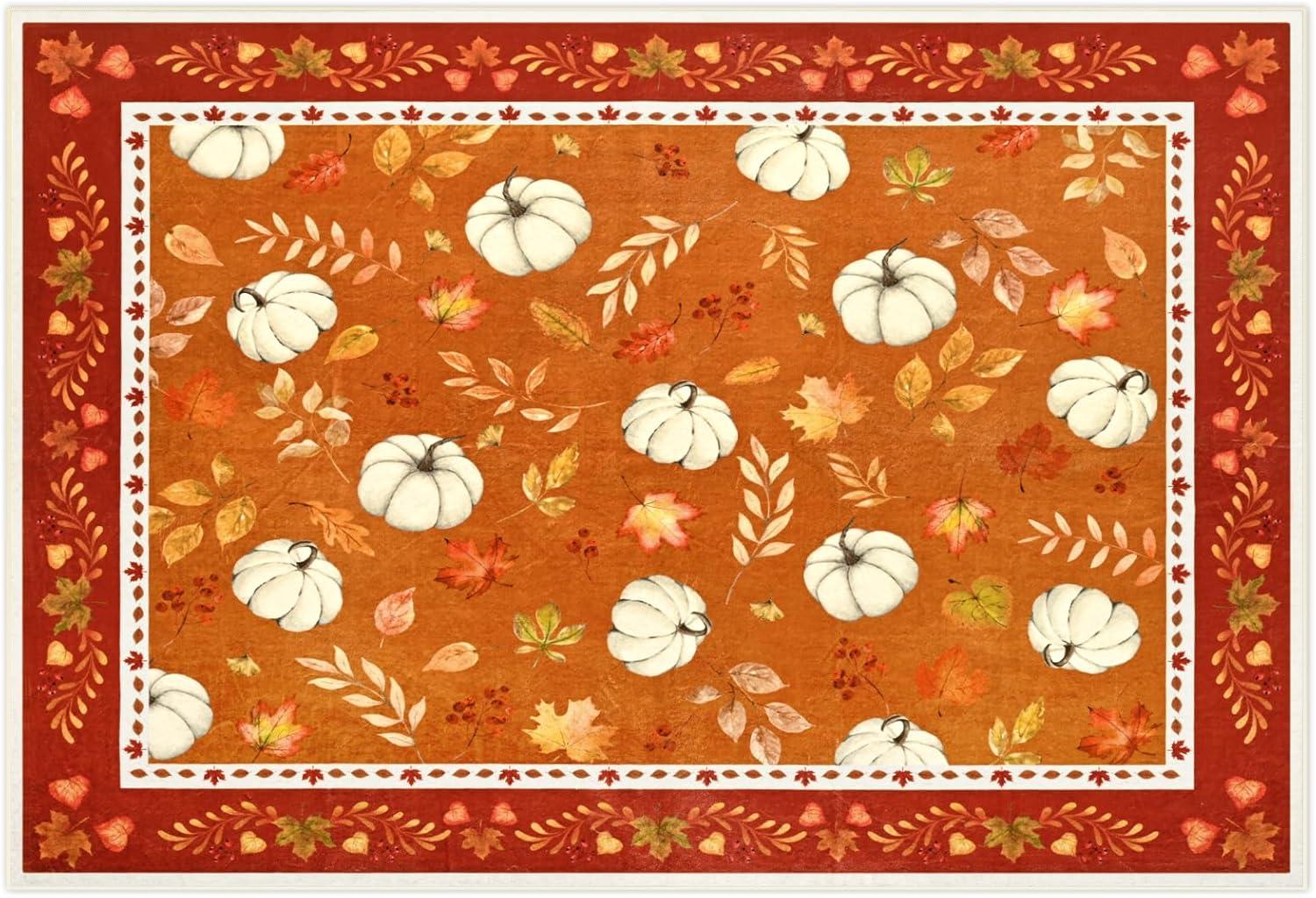 imageASPMIZ Fall Area Rug 5x7 Thanksgiving Rug Washable Non Slip Soft Faux Wool Vintage Autumn Pumpkin Maple Leaves Living Room Rugs Low Pile Fall Decorations for Home Bedroom Dining RoomVintage Pumpkins Leaves