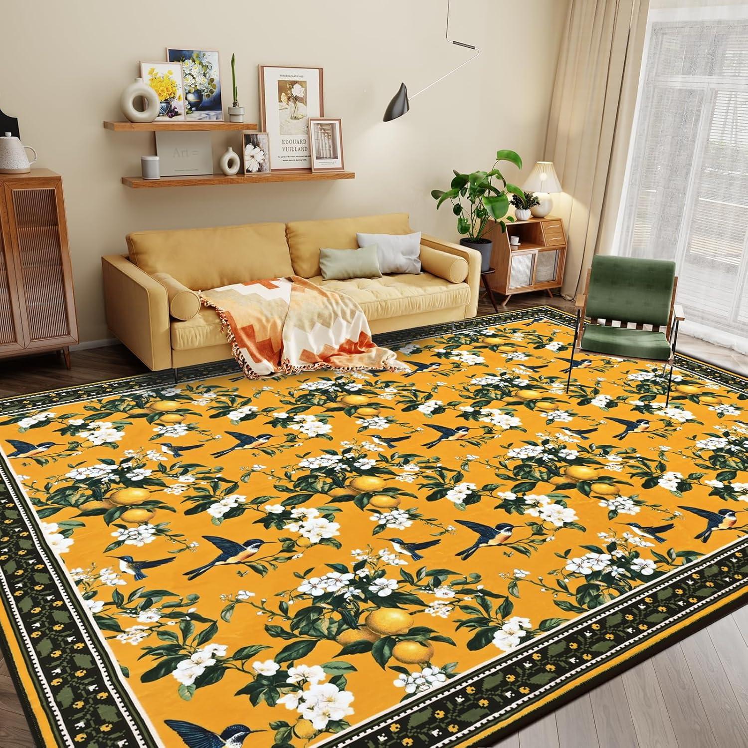 imageASPMIZ Mustard Yellow Area Rug 8x10 Vintage Floral Large Rugs for Living Room Washable Lemon Throw Rugs Non Slip Foldable Soft Low Pile Floor Carpet for Bedroom Kitchen Dining Room Nursery OfficeMustard Yellow