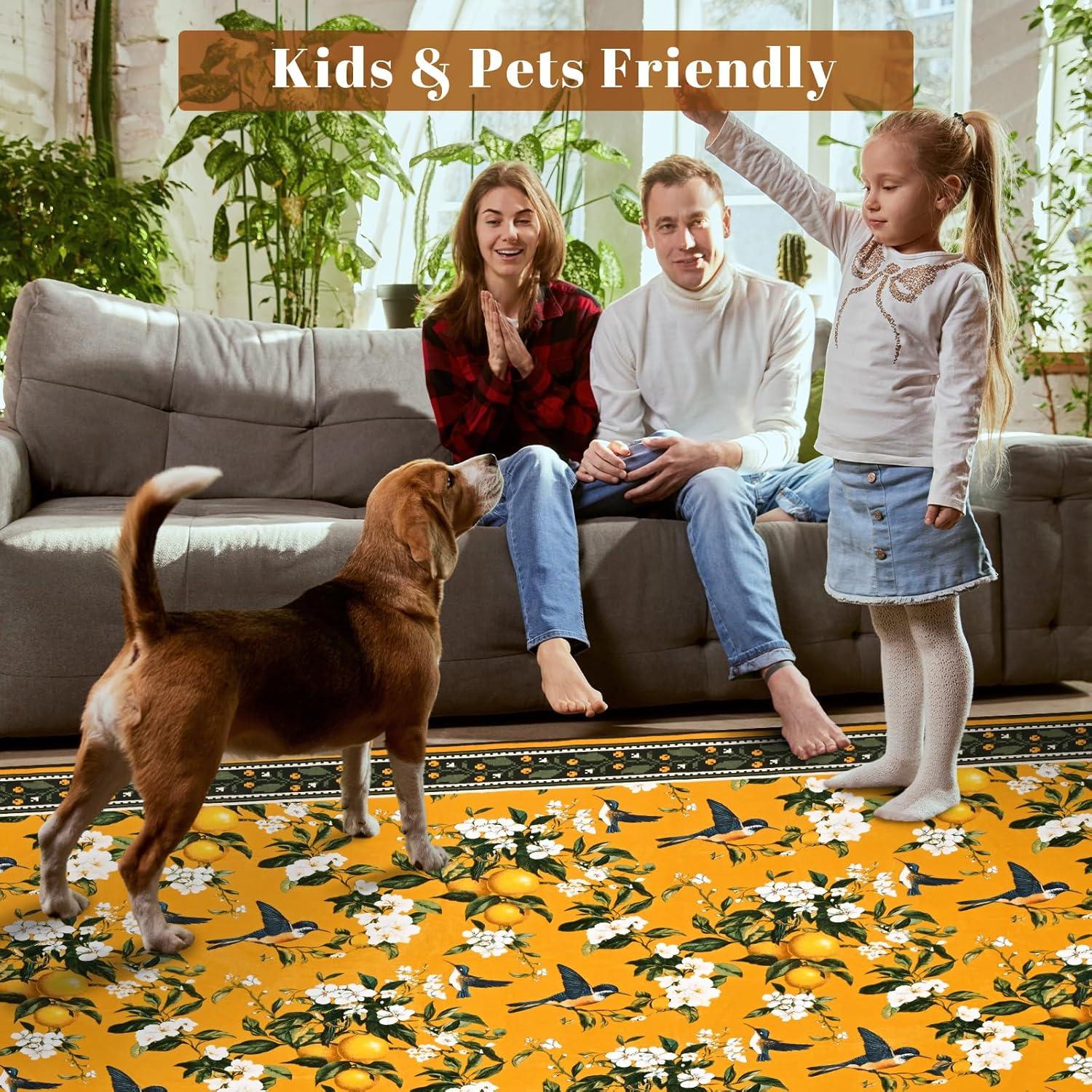 imageASPMIZ Mustard Yellow Area Rug 8x10 Vintage Floral Large Rugs for Living Room Washable Lemon Throw Rugs Non Slip Foldable Soft Low Pile Floor Carpet for Bedroom Kitchen Dining Room Nursery OfficeMustard Yellow