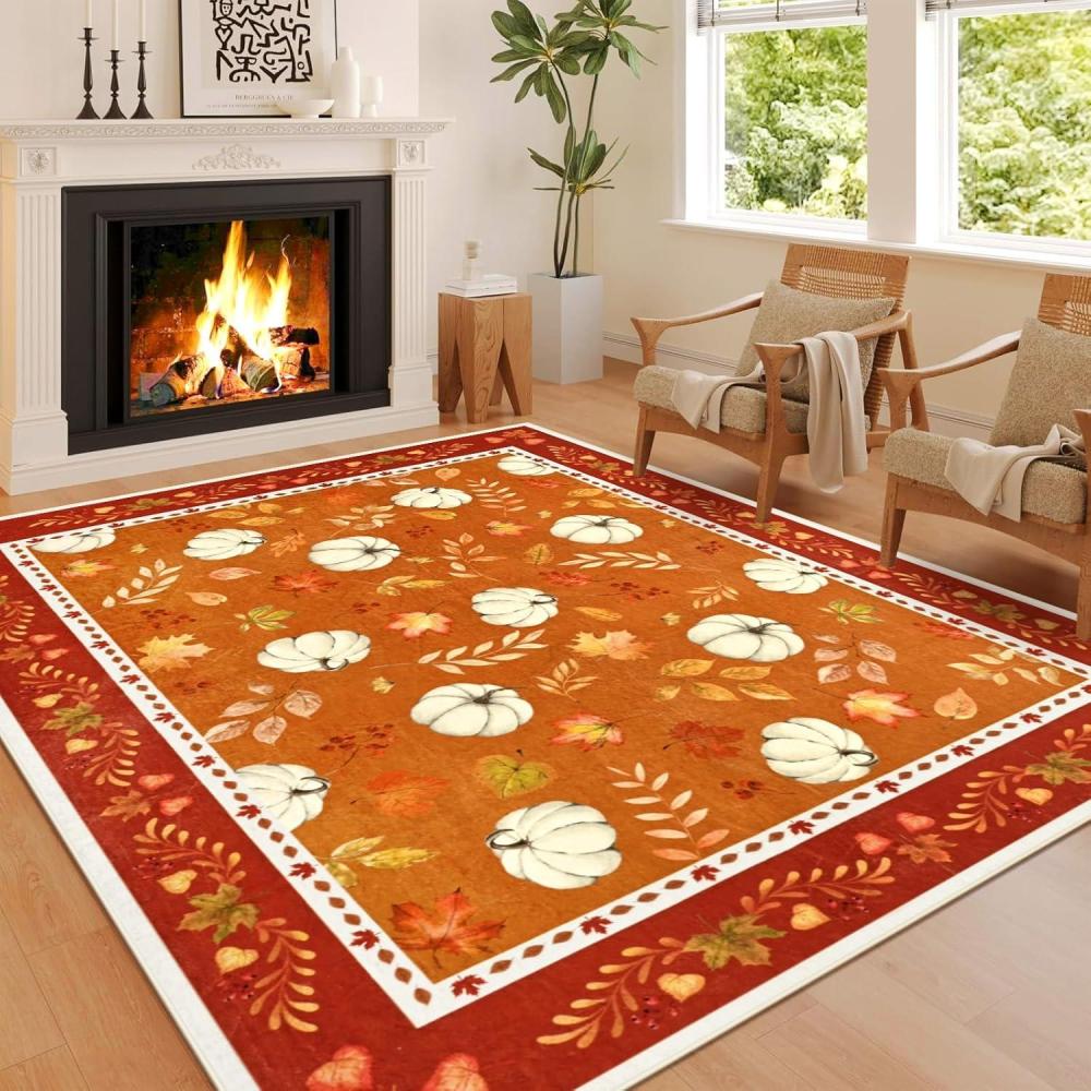 imageASPMIZ Fall Area Rug 5x7 Thanksgiving Rug Washable Non Slip Soft Faux Wool Vintage Autumn Pumpkin Maple Leaves Living Room Rugs Low Pile Fall Decorations for Home Bedroom Dining RoomVintage Pumpkins Leaves
