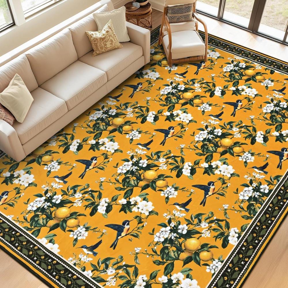 imageASPMIZ Mustard Yellow Area Rug 8x10 Vintage Floral Large Rugs for Living Room Washable Lemon Throw Rugs Non Slip Foldable Soft Low Pile Floor Carpet for Bedroom Kitchen Dining Room Nursery OfficeMustard Yellow