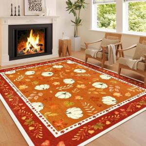 imageASPMIZ Fall Area Rug 5x7 Thanksgiving Rug Washable Non Slip Soft Faux Wool Vintage Autumn Pumpkin Maple Leaves Living Room Rugs Low Pile Fall Decorations for Home Bedroom Dining RoomVintage Pumpkins Leaves