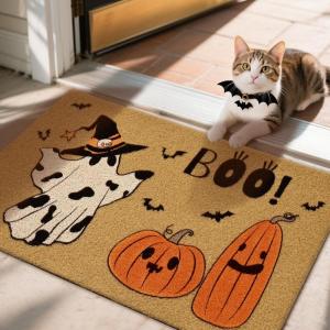 imageASPMIZ 2 Piece Halloween Door Mat Combo Set  Black Witch Coir Doormat Non Slip  28x43 Inches Buffalo Plaid Rug Washable Halloween Welcome Mat for Front Door Porch Entryway Holiday DecorationsBoo Ghost