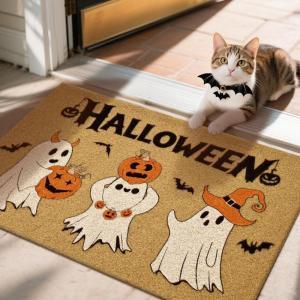 imageASPMIZ 2 Piece Halloween Door Mat Combo Set  Black Witch Coir Doormat Non Slip  28x43 Inches Buffalo Plaid Rug Washable Halloween Welcome Mat for Front Door Porch Entryway Holiday DecorationsHalloween Ghost