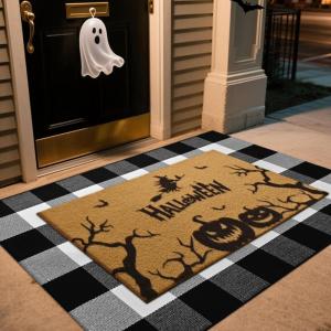 imageASPMIZ 2 Piece Halloween Door Mat Combo Set  Black Witch Coir Doormat Non Slip  28x43 Inches Buffalo Plaid Rug Washable Halloween Welcome Mat for Front Door Porch Entryway Holiday DecorationsWitch